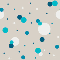 Abstract calm polka dot seamless pattern. Blue circles of different shapes, shades, sizes on a light gray background. Sketch illustration for prints of fabric, packaging, textile products, bedding.