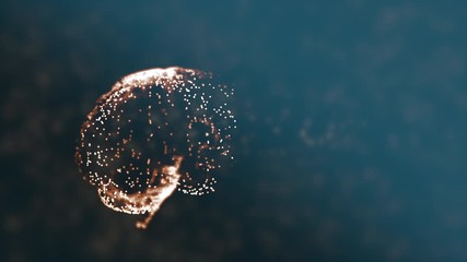 Abstract brain model half ruined by infection, losing some parts over dark background.