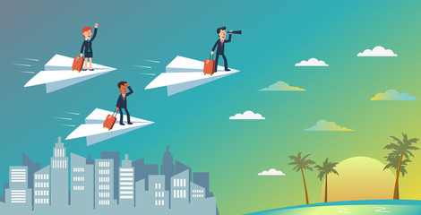 Business people flying on a paper plane towards an island for vacation. Business people vacation concept. Holidays time, recreation and travel vector design