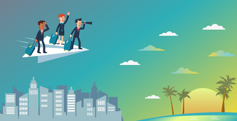 Business people flying on a paper plane towards an island for vacation. Business people vacation concept. Holidays time, recreation and travel vector design