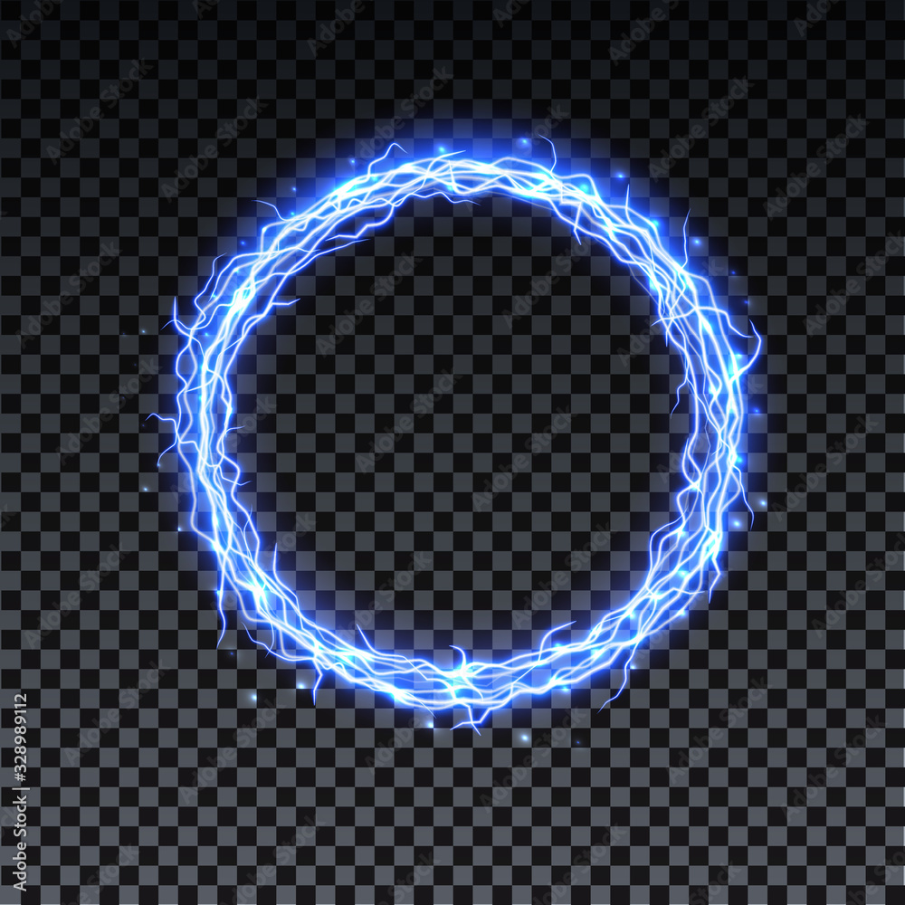 Wall mural circle realistic lightning. thunder spark light, fireball on transparent background. illuminated rea