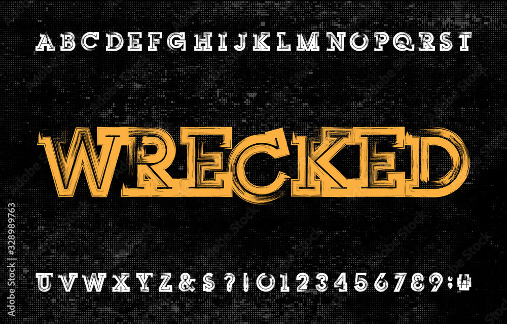 Fototapete wrecked alphabet font. grunge uppercase letters and numbers. halftone background. vector typescript 