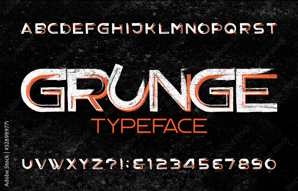 Fototapete grunge alphabet font. muddy uppercase letters and numbers. halftone background. vector typescript fo
