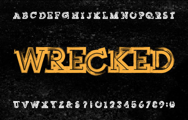Wrecked alphabet font. Grunge uppercase letters and numbers. Halftone background. Vector typescript for your typography design.
