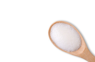 White sand sugar in wooden spoon isolated on white background with clipping path. Unhealthy diet...