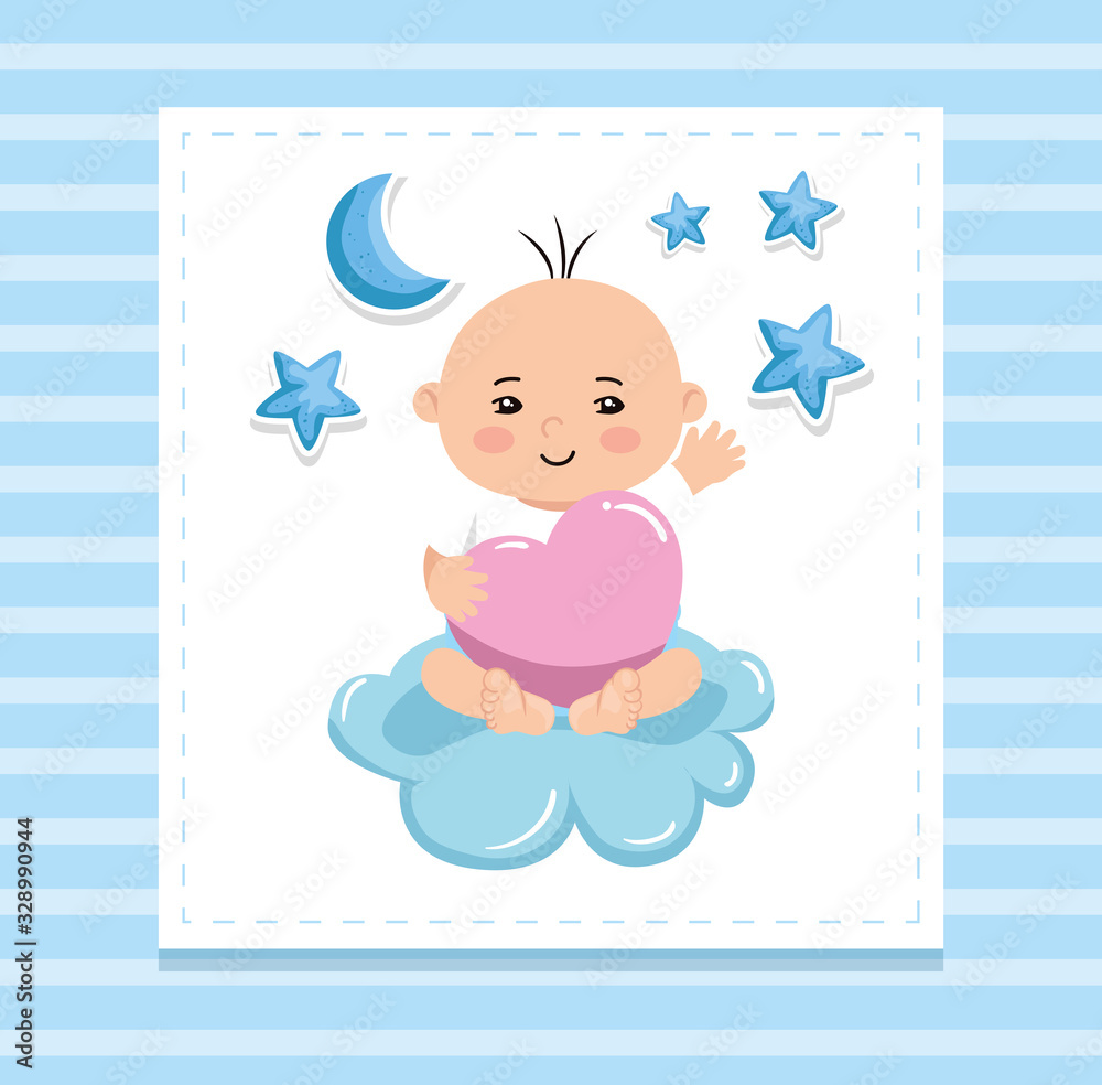 Poster cute little baby boy in cloud with decoration vector illustration design