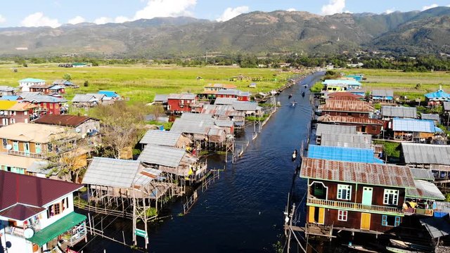 Aerial view of the Maing Thouk village with floating houses in Inle Lake, Myanmar
