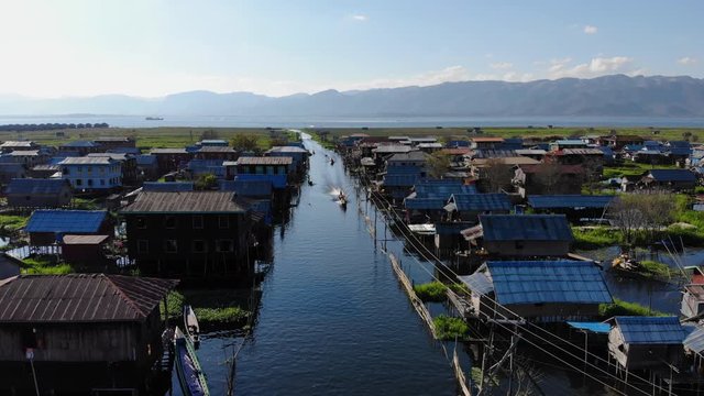 Aerial view of the Maing Thouk village with floating houses in Inle Lake, Myanmar