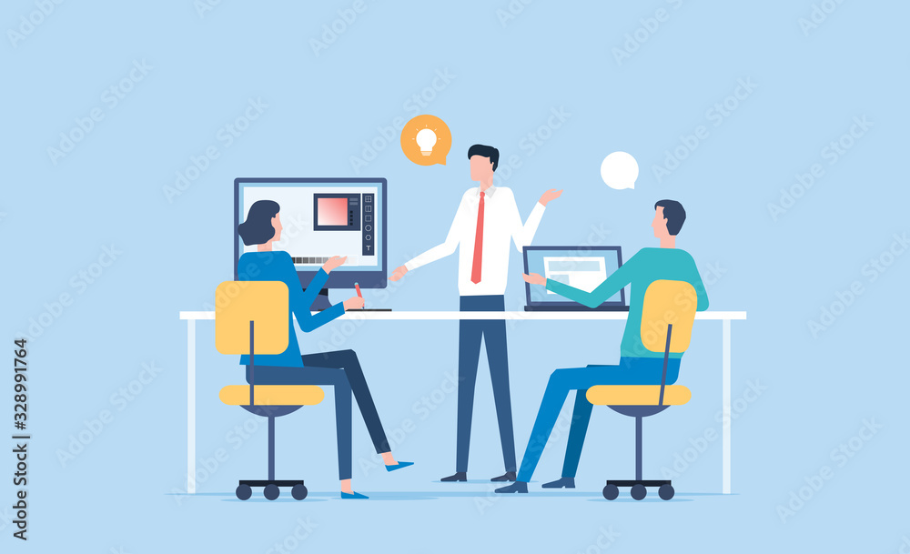 Aufkleber flat illustration group business team meeting and brainstorming for working concept