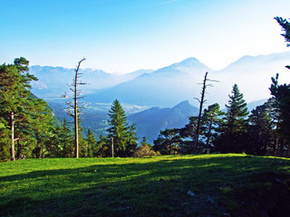 View of the river Rhine Valley in the Bündner Herrschaft (Buendner Herrschaft) region and next to...