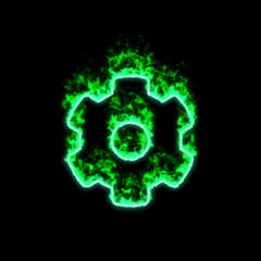 The symbol cog burns in green fire