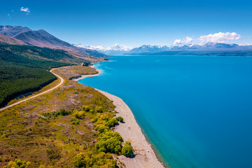 Landscaping view of coastal road along  Lake Pukaki, South Island, New Zealand