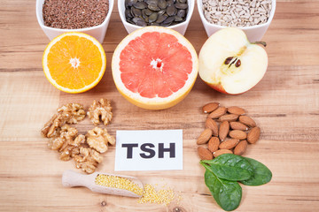 Products and ingredients as source healthy vitamins and minerals. Beneficial eating for thyroid gland