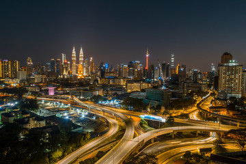 Fototapeta na wymiar KUALA LUMPUR, September 11, 2019: Aerial view of Kuala Lumpur, Malaysia during majestic sunrise. Financial and business centre of the metropolis, Kuala Lumpur, Malaysia.