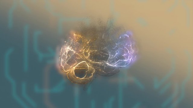 Abstract human brain from glittering particles floating and exploding on a black background.