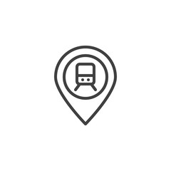 Fototapeta premium Journey on train line icon. Railway station location pin linear style sign for mobile concept and web design. Map marker with train outline vector icon. Symbol, logo illustration. Vector graphics