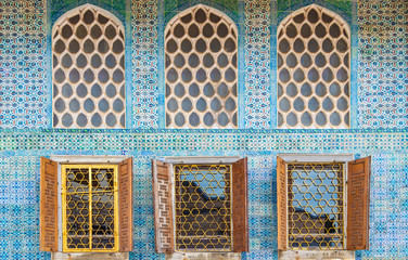 Istanbul, Turkey - CIRCA Nov 2013: Intricate blue mosaic tiles in Topkapi palace, Istanbul, Turkey....