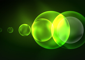 Glowing neon shiny transparent bubbles, glass circles or bio cell concept. Techno futuristic vector abstract background For Wallpaper, Banner, Background, Card, Book Illustration, landing page