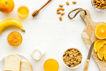 Breakfast with granola mockup on white background top-down copy space