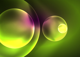 Glowing neon shiny transparent bubbles, glass circles or bio cell concept. Techno futuristic vector abstract background For Wallpaper, Banner, Background, Card, Book Illustration, landing page