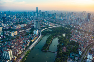 Hanoi, Vietnam - 22th June 2019: Hanoi cityscape at sunset, from Lotte Observation Deck in Lotte Center, Hanoi.