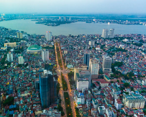 Hanoi, Vietnam - 22th June 2019: Hanoi cityscape at sunset, from Lotte Observation Deck in Lotte Center, Hanoi.