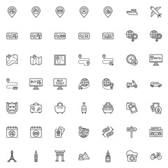 Travel planning line icons set. linear style symbols collection, travel places outline signs pack. vector graphics. Set includes icons as map location pin, trip route, airline ticket, train station