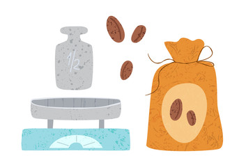 Kitchen utensil or kitchenware design elements. scales, coffee bag and beans isolated on white. Trendy textures on cartoon kitchen items. tableware flat hand drawn vector set provencal style