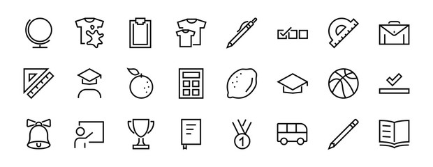 A simple set of school items. Contains icons such as student, award, geography, physical education, geometry and more. On white background. Editable stroke. 480x480