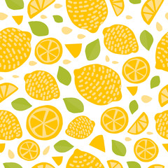 Vector seamless pattern with lemons on the white background. Vector illustration with citrus hand drawn background. Yellow lemon slices, mugs, green leaves and grains.