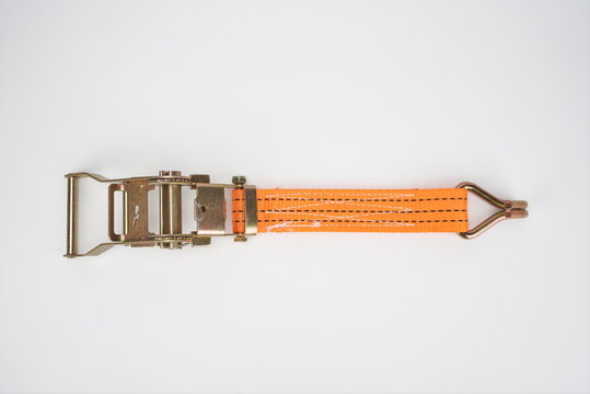 The sling for fastening cargoes is isolated on a white background.tie down strap ratchet