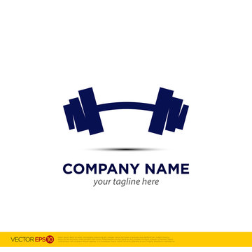 Fitness club logo with barbell and kettlebell on white, vector illustration template