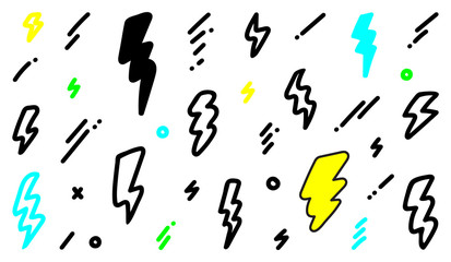 Lightning bolt icons set. Thunder hand drawn doodle. Vector illustration