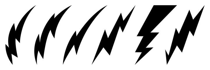 Lightning bolt icons set. Thunder hand drawn doodle. Vector illustration