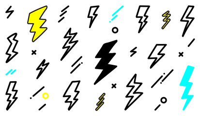 Lightning bolt icons set. Thunder hand drawn doodle. Vector illustration