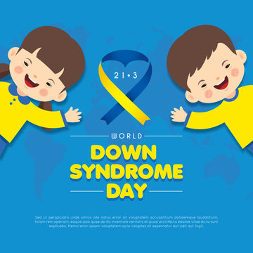 21 march - World Down Syndrome Day. Cartoon down syndrome children and world map. Down Syndrome Awareness vector illustration.