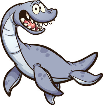 Cartoon plesiosaurus dinosaur with big smile swimming. Vector clip art illustration with simple gradients. All on a single layer.