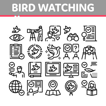 Bird Watching Tourism Collection Icons Set Vector. Bird Watching Photo Camera And Binocular Equipment, Traveler Tourist, Map And Book Concept Linear Pictograms. Monochrome Contour Illustrations