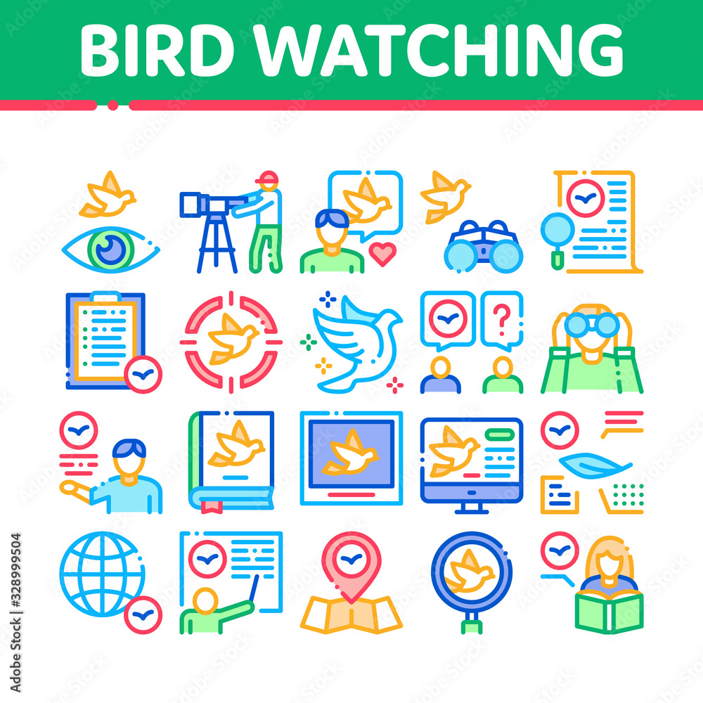 Canvas Prints Bird Watching Tourism Collection Icons Set Vector. Bird Watching Photo Camera And Binocular Equipment, Traveler Tourist, Map And Book Concept Linear Pictograms. Color Contour Illustrations