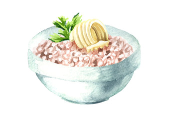 Buckwheat porridge with butter and parsley leaf, in a white plate. Hand drawn watercolor illustration  isolated on white background
