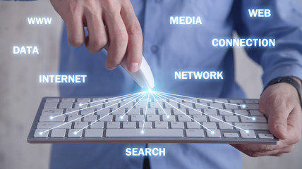 Man using computer keyboard. Internet. Network. Technology