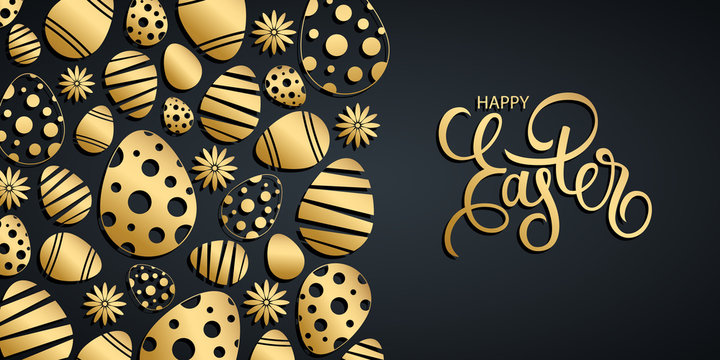 Easter celebrate luxury banner. Happy Easter holiday invitation template with gold easter eggs and hand drawn lettering greetings. Vector illustration.