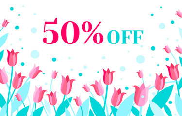 Spring sale banner with beautiful tulips flowers. Stems, leaves and blossoms in the white background. Design with pink flowers. Vector floral illustration, card, social media poster with copy space.