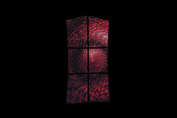 Red creepy portal behind glass door in dark room. Evil in home. Inside haunted house. Supernatural eerie spiral wormhole to terrible unknown. Nightmare minimalist image. Spooky horror background.