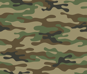 Camouflage seamless pattern. Trendy style camo, repeat print. Vector illustration. Khaki texture, military army green hunting print - obrazy, fototapety, plakaty