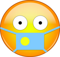 Yellow scared emoji in Palauan medical mask protecting from SARS, coronavirus, bird flu and other viruses, germs and bacteria and contagious disease as well as toxic smog in Palau.