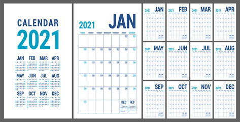 Calendar 2021. English calender template. Vector grid. Office business planning. Creative design. Blue color