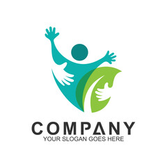 human care logo, healthy people icon, vector logo of hand with happy people and leaf