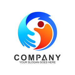 human health and care logo. vector logo template of hand with people in circle shape