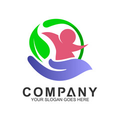 human care logo, healthy people icon, vector logo of hand with happy people and leaf